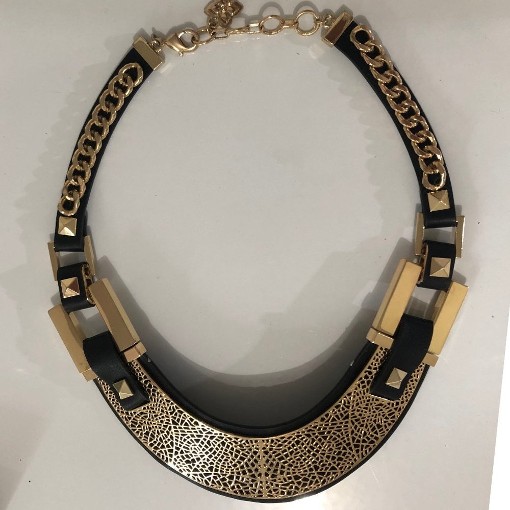 BCBG Faux Black Leather and Gold Chain Necklace